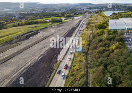 Aerial view of roadworks and traffic cones during the dualling of the A465 road in South Wales. Stock Photo