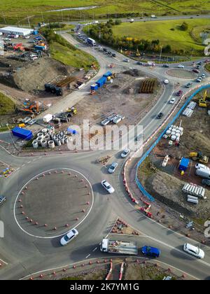 Aerial view of roadworks and traffic cones during the dualling of the A465 road in South Wales. Stock Photo