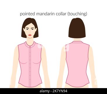 Pointed mandarin collar touching neckline, plackets clothes character in pink top, dress technical fashion illustration with fitted body. Flat apparel template front, back sides. Women, men unisex CAD Stock Vector