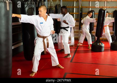 Portrait of concentrated man in kimono practicing powerful body punches on heavy punchbag during workout Stock Photo
