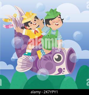 flat childrens day with kids riding fish vector design illustration Stock Vector
