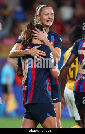 Barcelona, Spain. 19th Oct, 2022. Fridolina Rolfo of FC Barcelona celebrates a goal with Mariona Caldentey of FC Barcelona during the UEFA Women's Champions League match between FC Barcelona and SL Benfica at Johan Cruyff Stadium in Barcelona, Spain. Credit: DAX Images/Alamy Live News Stock Photo