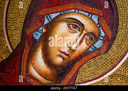 Detail of byzantine or orthodox mosaic icon depicting the head of Virgin Mary. Great for Easter needs. Stock Photo