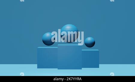 blue cube figures with balls,concept pedestal with copy space 3d render. Stock Photo