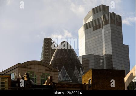 LONDON - November 2, 2020: Tops of skyscrapers including The Gherkin on a sunny day seen from Whitechapel Stock Photo