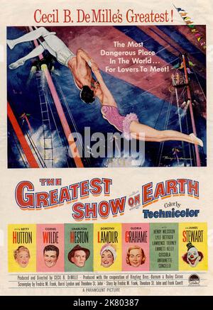 Film Poster Film: The Greatest Show On Earth (1953)   Director: Cecil B. Demille 10 January 1952   **WARNING** This Photograph is for editorial use only and is the copyright of PARAMOUNT PICTURES and/or the Photographer assigned by the Film or Production Company and can only be reproduced by publications in conjunction with the promotion of the above Film. A Mandatory Credit To PARAMOUNT PICTURES is required. The Photographer should also be credited when known. No commercial use can be granted without written authority from the Film Company. Stock Photo