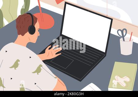 Online conference, remote work or student learns online, watching the lesson on the laptop screen Stock Vector