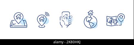 Set of home location icons. Pointer on smart phone, earth globe and on map. Pixel perfect, editable stroke Stock Vector