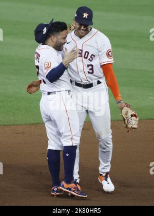 Houston Astros' Jeremy Pena (3) and Jose Altuve hug after a baseball game  against the Seattle Mariners Monday, May 2, 2022, in Houston. The Astros  won 3-0. (AP Photo/David J. Phillip Stock Photo - Alamy