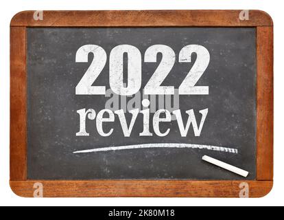 2022 review - annual review or summary of the recent year on an isolated vintage slate blackboard Stock Photo