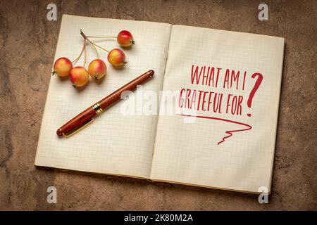 What am I grateful for? Handwritten question in an old notebook or journal with crab apples, Thanksgiving theme Stock Photo