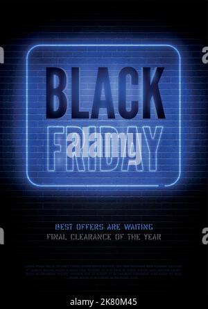 Biggest black friday discounts vector flyer template. Mega wholesale men advert with text space. Special price offer on stylized brick wall background. Seasonal sale blue promo banner design Stock Vector