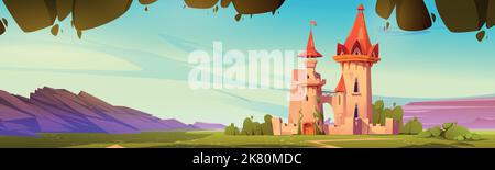 Fairy tale castle in green valley surrounded by mountains under blue sky. Cartoon vector illustration of fantasy kingdom with natural landscape and medieval royal palace. Colorful game background Stock Vector