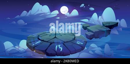 Battle arena, magic altar with runes in float night sky with clouds. Cartoon game background with floating round platform covered with glowing ancient signs and flying rocks, Vector illustration Stock Vector