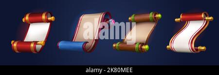Cartoon set of magic parchment paper scrolls isolated on dark background. Collection of ancient rolled documents, vintage letters, manuscripts decorated with gemstones. Game props vector illustration Stock Vector