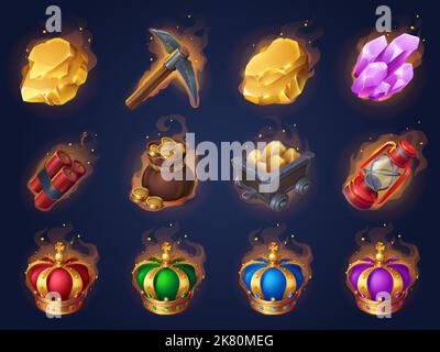Game mining props icons dynamite, golden crowns, coins, money bag, pickaxe and crystal, trolley with gold ingots, dynamite and lantern gui design elements. Game assets, mine items Cartoon vector set Stock Vector