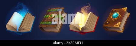 Magic spell books, fantasy alchemy grimoires, closed and open wizard diary with mysterious glow and sparks. Witchcraft game ancient, volumes with esoteric recipes and enchantments, Cartoon vector set Stock Vector