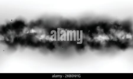 Black smoke with fire, dark fog clouds or steam trails. Industrial smog, factory or plant environmental air pollution isolated on transparent backgrou Stock Vector