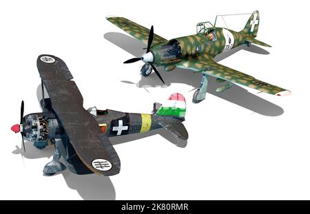 Two Italian fighter planes used during WWII, the biplane CR42 and the Macchi 205. Stock Photo