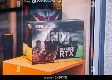 24 July 2022, Osnabruck, Germany: Geforce RTX Nvidia high performance graphic card - popular solution for video gaming and crypto currency mining Stock Photo