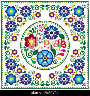 Mexican folk art style vector greeting card design with round floral pattern in frame, floral embroidery style from Mexico Stock Vector