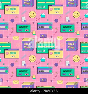 Vaporwave UI and UX elements seamless pattern. PC retro game frame ...