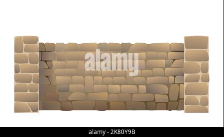 Fence made of rounded stones with supports and a foundation. Isolated on white background Vector Stock Vector