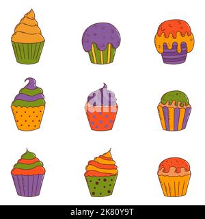 Cute halloween cupcakes. Halloween elements. Trick or treat concept. Vector illustration in hand drawn style. Stock Vector
