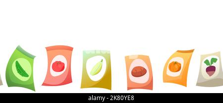 Seedling garden plants. Sowing agricultural material. Bottom seamless horizontal composition border. Vegetables fruits. Vector. Stock Vector