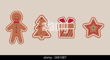 collection of cartoon christmas gingerbread man christmas tree star and box gift Stock Vector