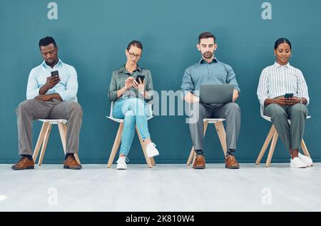 Recruitment, interview and business people waiting in line at for corporate meeting on different devices. Startup, hiring and business opportunity Stock Photo