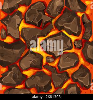 Lava, magma with stones in cartoon style seamless pattern background. Eruption effect, landscape. Texture, design. Vector illustration Stock Vector