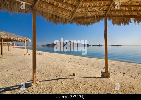 Palapas on Gulf of California (Sea of Cortez) beach, Bahia San Luis Gonzaga, Campo Rancho Grande, Baja California, Mexico Stock Photo