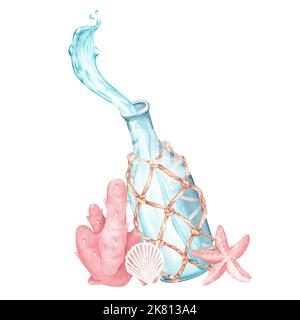 Water pours from a bottle in a rope mesh next to corals, shells and a starfish. Watercolor illustration. Isolated on a white background. Stock Photo