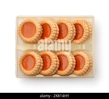 Top view of jam biscuits in blister packaging tray isolated on white Stock Photo