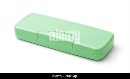 Closed green plastic pencil box isolated on white Stock Photo