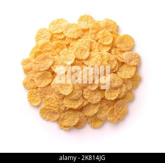 Top view of dry sweet corn flakes isolated on white Stock Photo