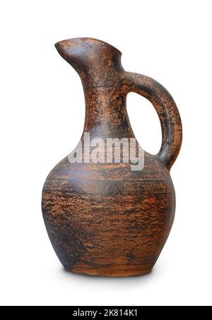 Side view of old clay wine jug isolated on white Stock Photo