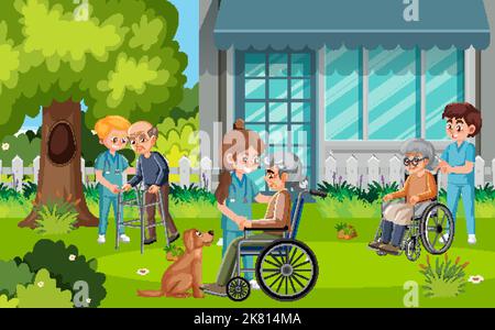 Outdoor park with elderly people and caregivers illustration Stock Vector