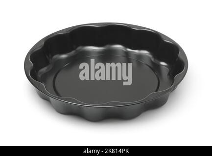 Empty black round metal baking dish isolated on white Stock Photo
