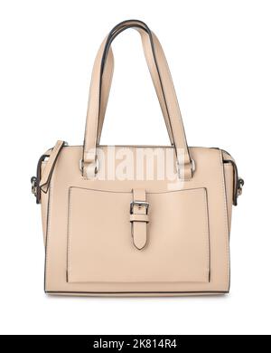 Front view of beige leather handbag isolated on white Stock Photo
