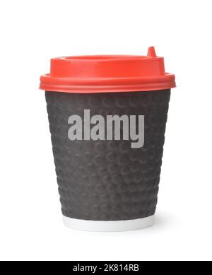 Front view of black takeaway paper coffee cup with red plastic lid isolated on white Stock Photo