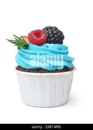 Front view of cupcake  with fresh  berries and cream isolated on white Stock Photo