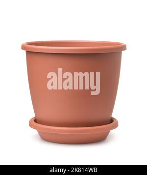 Front view of empty plastic brown flower pot isolated on white Stock Photo