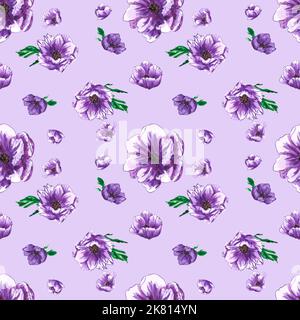 Handdrawn anemone seamless pattern. Watercolor purple flowers with green leaves on the purple background. Scrapbook design, typography poster, label, Stock Photo