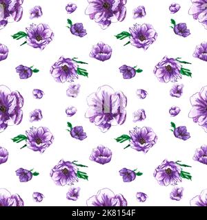 Handdrawn anemone seamless pattern. Watercolor purple flowers with green leaves on the white background. Scrapbook design, typography poster, label, b Stock Photo