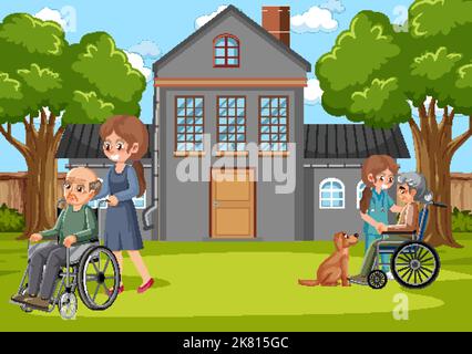 Outdoor park with elderly people and caregivers illustration Stock Vector