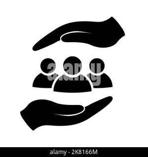 Protecting people icon in flat style. Safe people in hands symbol on white. Charity sign in black. Help to community simple abstract icon. Vector illu Stock Vector