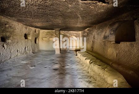 detail of an interior room carved into the tuff in goreme open air museum, Cappadocia, Anatolia, Turkey Stock Photo