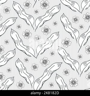 Vintage monochrome vector abstract botanical leaves and flowers. Seamless hand drawn pattern background chevron design. Diagonal leaf and floral heads Stock Vector